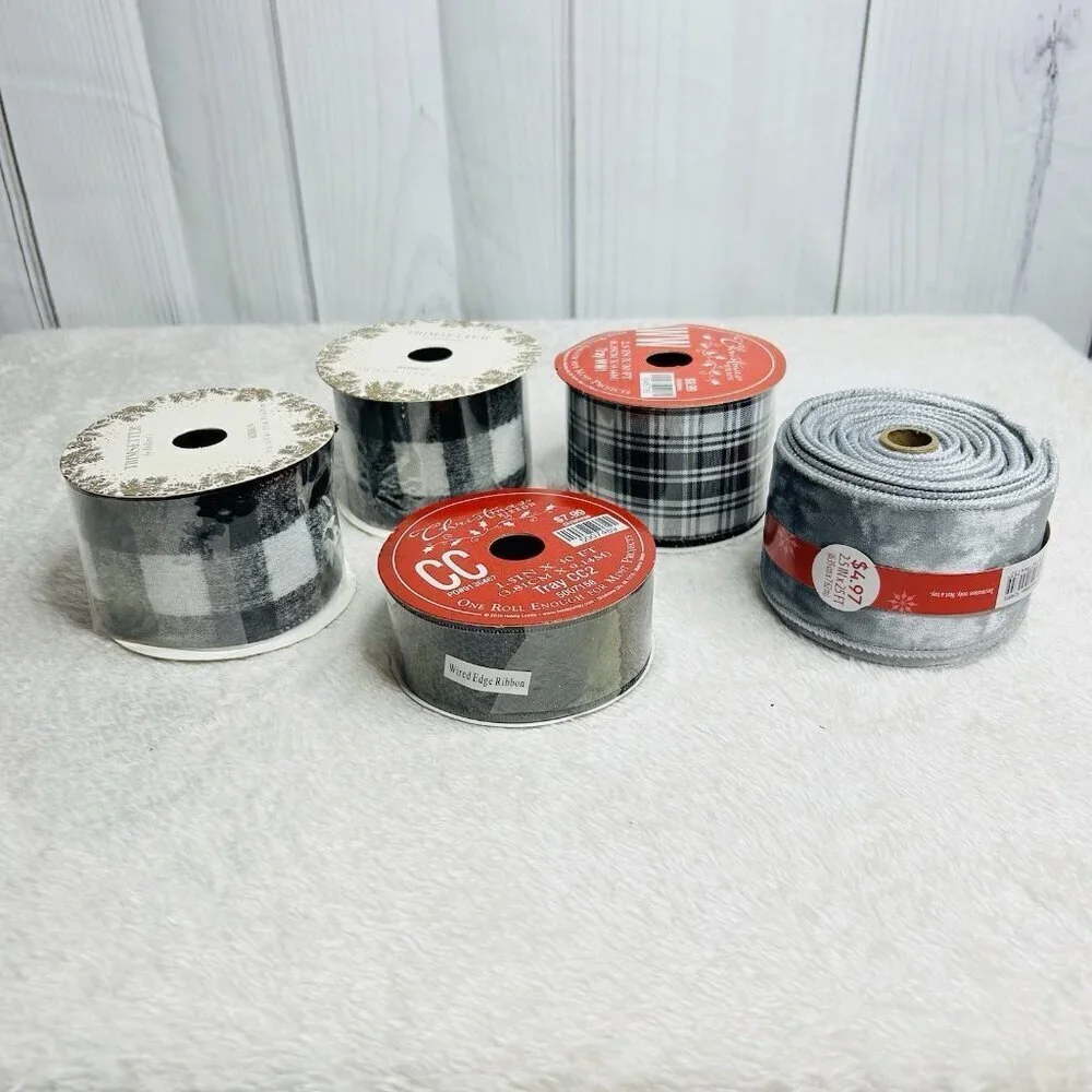 Mixed Lot of 5 Ribbon Rolls Various Sizes Black White Silver NEW